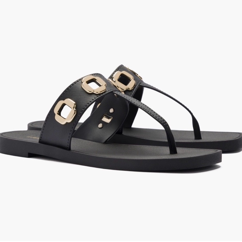 Larroude Black Thong Sandals with Gold Accents